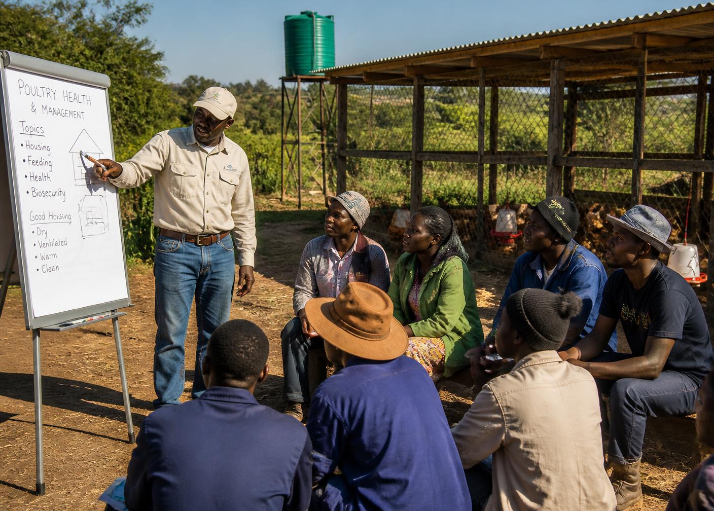 Local farmers attending a practical poultry training session near Murewa