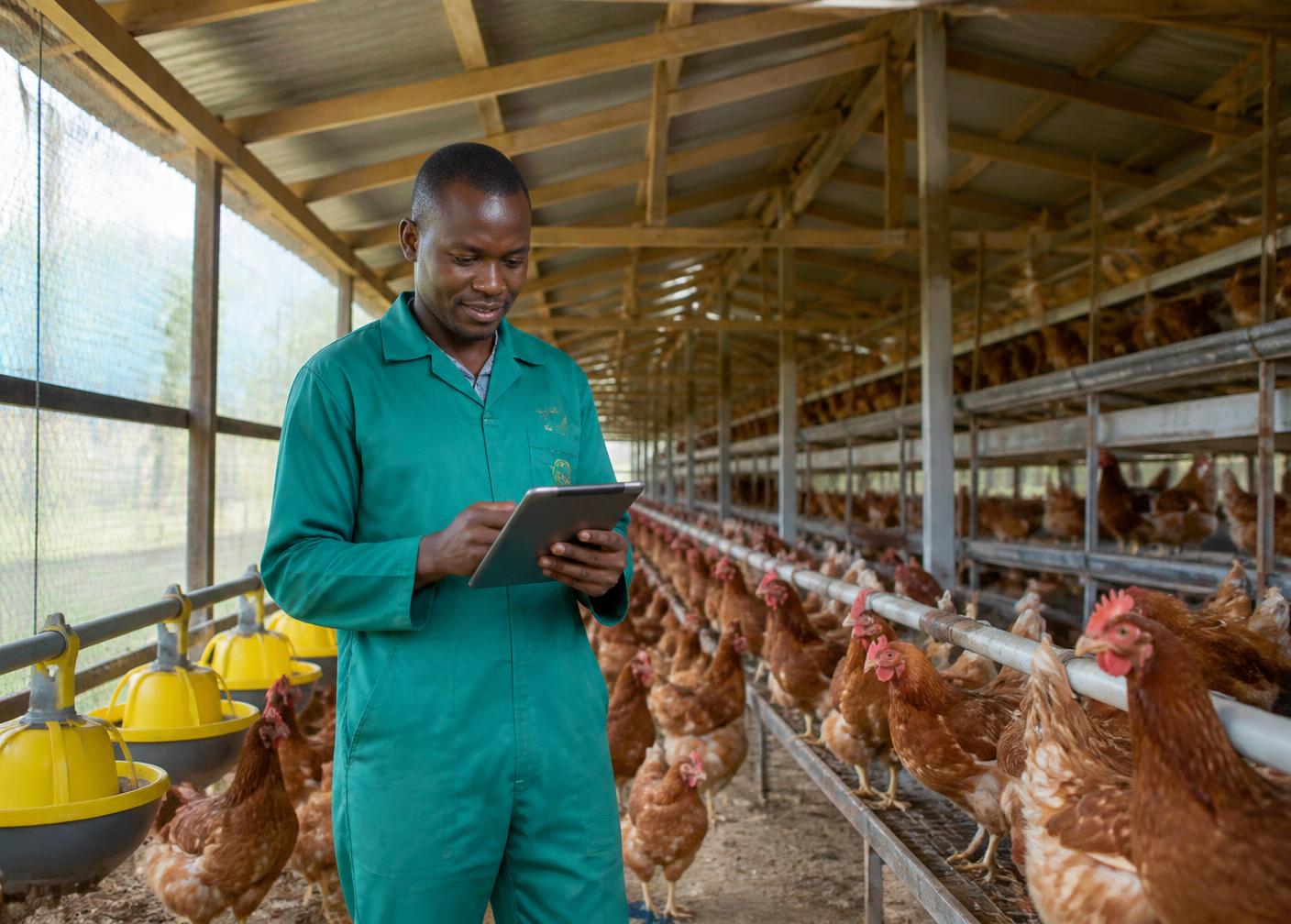 Farm worker recording daily flock data on a tablet in a poultry house